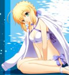 1girl ahoge artoria_pendragon_(all) artoria_pendragon_(swimsuit_archer) between_legs bikini blonde_hair blue_bow blue_ribbon bow breasts cimeri cleavage eyebrows_visible_through_hair fate/grand_order fate_(series) food from_side green_eyes hair_between_eyes hair_ribbon halterneck hand_between_legs head_tilt ice_cream looking_at_viewer medium_breasts mouth_hold ribbon short_hair_with_long_locks sidelocks sitting solo swimsuit white_bikini 