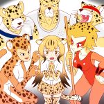 3boys 3girls absurdres apollo_(cheetahmen) aries_(cheetahmen) bangs bare_arms bare_shoulders black_eyes breasts brown_hair cheetah_(dc) cheetah_(kemono_friends) cheetah_boy cheetah_ears cheetah_girl cheetah_print cheetah_tail cheetahmen cheetara claw_pose claws cleavage closed_mouth collarbone collared_shirt commentary crossover dc_comics dress_shirt elbow_gloves english_commentary erect_nipples fangs flying_sweatdrops frown furrowed_eyebrows furry gloves gradient_hair hand_on_hip headband hercules_(cheetahmen) highres kemono_friends large_breasts leotard long_hair looking_at_viewer miniskirt multicolored_hair multiple_boys multiple_girls muscle necktie open_mouth orange_hair orange_leotard own_hands_together pleated_skirt polearm print_gloves print_legwear print_neckwear print_skirt red_eyes roger_i.s. scared shirt short_hair short_sleeves skirt spotted_hair streaked_hair sweat tail thigh-highs thundercats trait_connection two-tone_hair very_long_hair wavy_mouth weapon whiskers white_shirt wing_collar zettai_ryouiki 