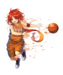  1girl armband azur_lane bare_shoulders basketball fang full_body green_eyes highres jersey long_hair looking_at_viewer nail_polish national_basketball_association open_mouth orange_nails phoenix_(azur_lane) phoenix_suns redhead shoes shorts simple_background smile sneakers solo sportswear sweatband white_background yakkuro 