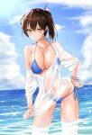  1girl batabata0015 bikini blue_bikini blue_sky breasts brown_eyes brown_hair cleavage collarbone commentary_request day highres kaga_(kantai_collection) kantai_collection large_breasts long_hair looking_at_viewer navel ocean outdoors see-through shirt side-tie_bikini side_ponytail sky smile solo swimsuit wet wet_clothes wet_shirt 