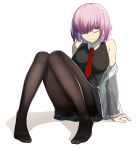  1girl arm_support black-framed_eyewear black_dress black_legwear dress fate/grand_order fate_(series) full_body glasses grey_jacket hair_over_one_eye highres jacket looking_at_viewer mash_kyrielight necktie open_clothes open_jacket panties panties_under_pantyhose pantyhose purple_hair red_neckwear semi-rimless_eyewear short_dress short_hair simple_background sitting sleeveless sleeveless_dress smile solo under-rim_eyewear underwear vic violet_eyes white_background 
