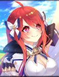  ahoge ancient_killers_(phantom_of_the_kill) artist_request black_gloves blush bow breasts cleavage cleavage_cutout collar fur_trim gloves hair_bow hercule_(phantom_of_the_kill) jacket official_art phantom_of_the_kill red_eyes redhead sky smile star star-shaped_pupils symbol-shaped_pupils 