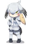  1girl bangs bird_tail bird_wings black_footwear blonde_hair chibi closed_mouth eyebrows_visible_through_hair frown full_body gradient_hair green_eyes hair_between_eyes hand_on_hip head_wings hinotama_(hinotama422) jumpsuit kemono_friends long_hair looking_at_viewer multicolored_hair necktie no_legwear pantyhose shadow shoebill_(kemono_friends) short_jumpsuit short_sleeves side_ponytail silver_hair silver_legwear simple_background solo white_background white_neckwear wings 