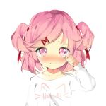  1girl ayadrevismad blush character_name clothes_writing commentary doki_doki_literature_club english_commentary hair_ornament hair_ribbon hairclip heart heart-shaped_pupils looking_at_viewer natsuki_(doki_doki_literature_club) nose_blush pink_eyes pink_hair red_ribbon ribbon rubbing_eyes short_hair simple_background sketch smile solo symbol-shaped_pupils tears two_side_up white_background 