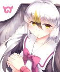  1girl absurdres black-tailed_gull_(kemono_friends) black_hair blonde_hair bow bowtie closed_mouth eyebrows_visible_through_hair eyes_visible_through_hair hair_between_eyes head_wings highres interlocked_fingers japari_symbol kanzakietc kemono_friends light_smile long_hair looking_at_viewer multicolored_hair pink_bow sailor_collar silver_hair simple_background solo upper_body white_background wristband yellow_eyes 