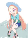  1girl abigail_williams_(fate/grand_order) bangs blonde_hair blue_eyes blue_shorts blush butterfly_hair_ornament collarbone commentary_request eyebrows_visible_through_hair fate/grand_order fate_(series) forehead green_footwear green_shirt hair_ornament hat highres kujou_karasuma long_hair looking_at_viewer notice_lines parted_bangs print_shirt shirt shoes short_shorts short_sleeves shorts signature sitting solo star star_print very_long_hair white_hat 