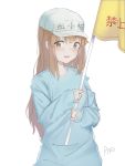  1girl :d ano54 bangs blue_shirt blush brown_eyes brown_hair commentary_request eyebrows_visible_through_hair flag flat_cap hair_between_eyes hat hataraku_saibou highres holding holding_flag long_hair long_sleeves looking_at_viewer open_mouth platelet_(hataraku_saibou) round_teeth shirt signature simple_background sleeves_past_wrists smile solo teeth translated upper_teeth very_long_hair white_background white_hat 