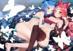  2girls ass bangs bare_legs bare_shoulders barefoot bikini black_legwear blue_bikini blue_eyes blue_hair blush breasts bug butterfly butterfly_hair_ornament character_request closed_mouth collarbone commentary_request eyebrows_visible_through_hair fingernails forehead_jewel hair_ornament hand_up highres houchi_shoujo insect long_hair looking_at_viewer lying medium_breasts multiple_girls navel on_back on_side parted_bangs red_bikini red_eyes redhead sabet_(young_ouo) sidelocks smile strapless strapless_bikini swimsuit thigh-highs thighs very_long_hair water 