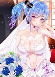  1girl absurdres ahoge alternate_costume amethyst azur_lane bangs bare_shoulders blue_hair blurry blurry_background blush bouquet breasts bridal_veil bride choker church cleavage collarbone dated day dress eyebrows_visible_through_hair flower gloves hair_between_eyes hair_ornament hair_ribbon hand_to_own_face head_tilt highres holding holding_bouquet indoors large_breasts light_particles long_hair looking_at_viewer navel navel_cutout ribbon side_braids sidelocks signature smile solo st._louis_(azur_lane) stomach veil violet_eyes wedding_dress white_dress white_gloves window yuzuri_ai 