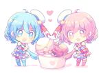  1boy 1girl :d :o ahoge bangs blue_bow blue_eyes blue_footwear blue_hair bow braid brother_and_sister chibi crossdressinging dorothy_west food hat hat_ribbon heart holding holding_spoon ice_cream leona_west minigirl open_mouth pink_bow pink_eyes pink_hair pripara red_ribbon ribbon sailor_hat short_hair siblings side_braid skirt smile spoon standing star star_hat_ornament striped striped_skirt trap twins v-shaped_eyebrows yukiichigo 