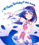  1girl bangs birthday blue_hair blush bokutachi_wa_hitotsu_no_hikari character_name choker commentary_request cowboy_shot dated dress earrings elbow_gloves flower gloves hair_flower hair_ornament hand_on_own_chest happy_birthday highres jewelry long_hair looking_at_viewer love_live! love_live!_school_idol_project muse_loss outstretched_arm petals single_elbow_glove single_glove smile solo sonoda_umi white_gloves yellow_eyes 