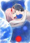  1boy 1girl bangs black_hair blue_horns closed_eyes commentary couple darling_in_the_franxx english eyebrows_visible_through_hair hand_on_another&#039;s_back hand_on_another&#039;s_neck hetero highres hiro_(darling_in_the_franxx) horns hug long_hair night night_sky oni_horns pink_hair planet red_horns shirtless short_hair sky star star_(sky) starry_sky white_wings wings zero_two_(darling_in_the_franxx) zerokiller002 
