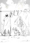  1boy 2girls ahoge animal_ears bangs basket bed_sheet bird cape carrying carrying_clothes clouds commentary_request drying drying_clothes earrings fate/grand_order fate_(series) fujimaru_ritsuka_(female) gloves greyscale hair_ornament hair_scrunchie hairband high_heels highres hoop_earrings jackal_ears jewelry long_hair medjed monochrome multiple_girls nitocris_(fate/grand_order) open_mouth outdoors ozymandias_(fate) red003 sandals scrunchie short_hair short_sleeves sidelocks sky translation_request twitter_username very_long_hair wet wet_clothes 