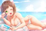  1girl ;d animal_ears bare_arms bare_shoulders bikini blue_nails blue_sky breasts brown_hair cat_ears cleavage clouds collarbone commentary_request day fang fingernails food frilled_bikini frills green_eyes hand_up heart highres holding holding_food horizon idolmaster idolmaster_cinderella_girls lying maekawa_miku medium_breasts nail_polish ocean on_side one_eye_closed open_mouth outdoors popsicle revision seashell shell shiratama_akane short_hair side-tie_bikini sky smile solo sparkle starfish swimsuit water wet white_bikini 