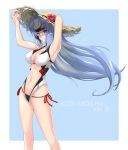  1girl android bandai bandai-namco_entertainment bikini blue_hair breasts character_name cute dong_zhi_qiong forehead_protector hat kos-mos kos-mos_re: large_breasts long_hair looking_away namco navel red_eyes smile solo summer sun_hat swimsuit very_long_hair xenoblade_(series) xenoblade_2 xenosaga 