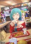  1girl aqua_hair bag bare_shoulders blush brown_footwear character_request chicken_nuggets closed_eyes closed_mouth commentary cup cute disposable_cup dropping earrings eating eirika employee_uniform english_commentary eyebrows_visible_through_hair fast_food fast_food_uniform fire_emblem fire_emblem:_seima_no_kouseki fire_emblem:_the_sacred_stones fire_emblem_8 fire_emblem_heroes food french_fries hair_between_eyes hamburger handbag highres holding holding_food intelligent_systems ippers jewelry long_hair mcdonald&#039;s menu nintendo off-shoulder_sweater open_mouth outstretched_hand pointing red_sweater restaurant salad school_uniform serafuku smile soft_drink sweater table tile_floor tiles tray uniform visor_cap white_legwear 