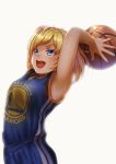  1girl bare_shoulders basketball blonde_hair blue_eyes breasts california_(azur_lane) cowboy_shot golden_state_warriors highres jersey jumping medium_breasts national_basketball_association open_mouth short_hair shorts simple_background sleeveless solo sportswear white_background yakkuro 