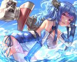  1girl azur_lane bent_over blue_hair blue_sky blush breasts commentary_request day denchu_(kazudentyu) dress elbow_gloves eyebrows_visible_through_hair from_side garter_straps glint gloves hand_up hat highres large_breasts long_hair looking_at_viewer mini_hat one_side_up outdoors rigging short_dress sidelocks sky smile solo st._louis_(azur_lane) thigh-highs violet_eyes wading wet white_gloves white_legwear 