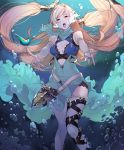  1girl air_bubble belt blonde_hair bridal_gauntlets bubble dress ejaeli_(granblue_fantasy) granblue_fantasy highres kagetomo_midori long_hair looking_at_viewer open_mouth outstretched_arms solo thigh-highs underwater very_long_hair 