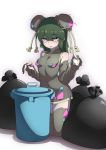  1girl absurdres blush breasts bun_cover double_bun fingerless_gloves full_body garbodor gloves green_hair grey_eyes hand_up highres kanon563 kneeling long_hair looking_at_viewer open_mouth outdoors personification pokemon simple_background small_breasts solo trash_bag trash_can white_background 