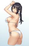  1girl armpits ass bangs bare_shoulders bikini black_hair bracelet breasts commentary_request elf elf_(houtengeki) gradient gradient_background hand_up highres houtengeki jewelry large_breasts long_hair looking_at_viewer looking_back original parted_lips pointy_ears shiny shiny_hair side-tie_bikini sideboob sidelocks simple_background smile solo swimsuit twintails white_bikini yellow_eyes 