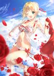  1girl ;d bare_legs bare_shoulders bikini blonde_hair blue_sky blush bow braid clouds commentary_request daitai_sotogawa_(futomomo) day fate/extra fate_(series) flower green_eyes hair_bun jacket long_sleeves midair navel nero_claudius_(fate) nero_claudius_(fate)_(all) one_eye_closed open_mouth outdoors red_bikini red_bow red_flower red_footwear red_rose rose round_teeth sandals see-through sky smile solo swimsuit teeth upper_teeth 