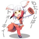 1girl :d bangs bird_tail bird_wings black_hair blue_footwear blunt_bangs blush chibi empty_eyes eyebrows_visible_through_hair full_body gloves gradient_hair head_wings hinotama_(hinotama422) japanese_crested_ibis_(kemono_friends) kemono_friends leg_up long_hair long_sleeves mary_janes miniskirt multicolored_hair no_nose open_mouth orange_skirt pantyhose pleated_skirt red_gloves red_legwear redhead shirt shoes simple_background skirt smile solo standing standing_on_one_leg translated white_background white_hair white_shirt wide_sleeves wings yellow_eyes 