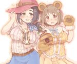  2girls 7010 :d animal_ears bangs bear_ears bear_paws belt black_hair blush breasts brown_eyes brown_hair commentary_request ebihara_naho eyebrows_visible_through_hair fang flower gloves green_eyes hair_flower hair_ornament hat idolmaster idolmaster_cinderella_girls large_breasts long_hair looking_at_viewer mimura_kanako multiple_girls open_mouth paw_gloves paws short_hair short_sleeves skirt smile witch_hat 