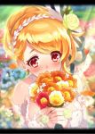  1girl artist_request blonde_hair blush bouquet breasts dress eros_(phantom_of_the_kill) eyebrows_visible_through_hair flower hair_bun hair_flower hair_ornament hairband large_breasts official_art petals phantom_of_the_kill red_eyes strapless strapless_dress wedding_dress 