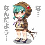  1girl afterimage aqua_hair bangs blush crossed_bangs eyebrows_visible_through_hair full_body hair_between_eyes hands_in_pockets hinotama_(hinotama422) hood hood_up hoodie kemono_friends long_sleeves looking_at_viewer no_nose open_mouth pink_ribbon ribbon simple_background snake_tail solo standing striped_tail tail tail_wagging translated tsuchinoko_(kemono_friends) white_background yellow_eyes 