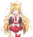  1girl ;d animal_ears antenna_hair bangs bare_shoulders blonde_hair blue_eyes blush breasts cat_ears cat_tail cleavage cowboy_shot detached_collar detached_sleeves fang headset kemonomimi_mode long_hair long_sleeves looking_at_viewer medium_breasts microphone motion_lines necktie one_eye_closed open_mouth red_legwear red_neckwear rimu_(gucg8333) short_necktie single_thighhigh smile solo star tail thigh-highs thigh_gap thighs tsurumaki_maki twitter_username very_long_hair voiceroid 