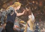  4girls 6+boys ^_^ alex_louis_armstrong alphonse_elric armor automail bald baraba_baba black_hair blonde_hair bowl braid candle chandelier chopsticks chopsticks_in_mouth closed_eyes closed_eyes edward_elric food fu_(fma) fullmetal_alchemist hands_together happy indoors izumi_curtis lan_fan ling_yao may_chang multiple_boys multiple_girls no_mouth open_mouth plate profile rice rice_bowl shirtless sig_curtis smile table toast_(gesture) upper_body winry_rockbell 
