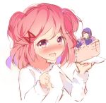  &gt;_&lt; 2girls :d ayadrevismad blush cake commentary doki_doki_literature_club english_commentary food hair_ornament hairclip in_food minigirl multiple_girls natsuki_(doki_doki_literature_club) open_mouth pink_eyes pink_hair plate simple_background sketch smile spoon two_side_up upper_body white_background yuri_(doki_doki_literature_club) 