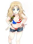  1girl american_flag_bikini apachai_k barefoot bikini blonde_hair blue_eyes blue_footwear breasts cleavage commentary cutoffs denim denim_shorts eyebrows_visible_through_hair flag_print girls_und_panzer grin hair_intakes kay_(girls_und_panzer) leg_up long_hair looking_at_viewer medium_breasts mouth_hold multicolored multicolored_stripes navel open_clothes open_shorts puffy_short_sleeves puffy_sleeves pulled_by_self shishkebab short_shorts short_sleeves shorts side-tie_bikini simple_background smile solo standing standing_on_one_leg striped striped_belt swimsuit unzipped white_background 