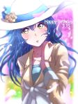  1girl arm_up astil_be bangs birthday blue_hair blush commentary_request dated dress flower happy_birthday hat highres long_hair love_live! love_live!_school_idol_festival love_live!_school_idol_project open_mouth petals smile solo sonoda_umi upper_body yellow_eyes 