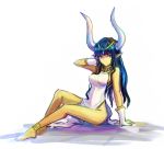  1girl blue_hair bracelet gloves hair_ornament hand_on_own_head hathor_(megami_tensei) horns jewelry kara_(color) looking_at_viewer megami_tensei pointy_ears shin_megami_tensei smile white_background 