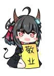  1girl :d ahoge bailingxiao_jiu bangs black_jacket blush chibi chinese demon_girl demon_horns demon_tail eyebrows_visible_through_hair fang full_body hair_between_eyes hair_ribbon heart heart-shaped_pupils holding holding_sign horns jacket long_sleeves looking_at_viewer open_clothes open_jacket open_mouth original pantyhose red_eyes red_ribbon ribbon sign simple_background sitting sleeves_past_wrists smile solo symbol-shaped_pupils tail translated wariza white_background white_legwear 
