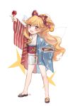  +_+ 1girl :d absurdres adapted_costume american_flag_kimono arm_up blonde_hair blush brown_footwear candy_apple chopsticks clownpiece commentary_request container eyebrows_visible_through_hair fairy_wings fang food full_body hair_ribbon haori highres holding holding_food japanese_clothes kimono long_hair looking_at_viewer no_hat no_headwear obi open_mouth pink_eyes polka_dot_ribbon purple_ribbon purple_sash ribbon sandals sash shan short_kimono simple_background smile solo standing touhou v very_long_hair wavy_hair white_background white_kimono wings 