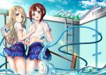  2girls ayase_arisa bangs blonde_hair blue_skirt blunt_bangs broom brown_hair collared_shirt cover cover_page day doujin_cover empty_pool green_eyes hair_ornament highres holding holding_broom holding_hose hose kousaka_yukiho ladder looking_at_viewer love_live! love_live!_school_idol_project mad_(hazukiken) midriff miniskirt multiple_girls navel outdoors plaid plaid_skirt pool redhead shirt short_sleeves skirt smile tied_shirt water white_shirt 