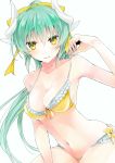  1girl arm_up bangs bare_arms bare_shoulders bikini blue_background blush bow breasts cleavage collarbone curled_horns dragon_horns eyebrows_visible_through_hair fate/grand_order fate_(series) fingernails green_hair hair_between_eyes highres horns kiyohime_(fate/grand_order) lifted_by_self long_hair looking_at_viewer medium_breasts navel parted_lips simple_background smile solo strap_lift swimsuit tomozero very_long_hair yellow_bikini yellow_bow yellow_eyes 
