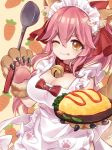  1girl animal_ears apron bell bell_collar breasts cat_hair_ornament cat_paws cleavage collar fangs fate/grand_order fate_(series) food fox_ears fox_tail gloves hair_ornament hair_ribbon highres jingle_bell large_breasts long_hair looking_at_viewer maid_headdress naked_apron omelet one_eye_closed paw_gloves paws pink_hair ponytail red_ribbon ribbon solo soramame_pikuto tail tamamo_(fate)_(all) tamamo_cat_(fate) tongue yellow_eyes 