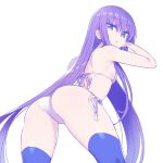  1girl arched_back ass bangs bikini blue_eyes blue_legwear breasts chan_co commentary_request cowboy_shot eyebrows_visible_through_hair fate/extra fate/extra_ccc fate/grand_order fate_(series) from_behind hair_ribbon leaning_forward long_hair looking_at_viewer looking_back meltlilith open_mouth purple_hair ribbon side-tie_bikini simple_background single_sidelock small_breasts swimsuit thigh-highs very_long_hair white_background white_bikini 