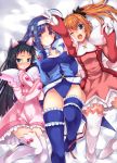  3girls :o ;d animal_ears bangs black_bow black_hair blue_hair blue_legwear blue_leotard blush bow cat_ears dress eyebrows_visible_through_hair frilled_legwear from_above gloves green_eyes hair_bow hairband hands_on_own_chest hazuki_kurumi kaitou_tenshi_twin_angel kannazuki_aoi koari leotard long_hair long_sleeves looking_at_viewer lying magical_girl minazuki_haruka_(twin_angel) multiple_girls nose_blush on_back one_eye_closed open_mouth orange_hair pink_dress puffy_long_sleeves puffy_sleeves red_dress smile thigh-highs twin_angel twintails violet_eyes white_gloves white_hairband white_legwear 