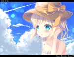  1girl :o arm_up bangs bare_arms bare_shoulders blonde_hair blue_sky bow breasts brown_hat character_name cleavage clouds cloudy_sky collarbone commentary_request day dress eyebrows_visible_through_hair gochuumon_wa_usagi_desu_ka? green_eyes happy_birthday hat hat_bow kirima_sharo letterboxed looking_at_viewer orange_bow outdoors parted_lips satsuki_yukimi sky sleeveless sleeveless_dress small_breasts solo strap_slip sun_hat water_drop white_dress 