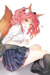  1girl animal_ears black_legwear black_ribbon blush breasts clothes_around_waist commentary_request fangs fate/extella fate/extra fate/grand_order fate_(series) fox_ears fox_tail hair_ribbon heart heart-shaped_pupils highres jacket_around_waist kneehighs long_hair looking_at_viewer medium_breasts open_mouth parted_lips pink_hair plaid plaid_skirt ribbon school_uniform shirt shoes sitting skirt smile solo symbol-shaped_pupils tail tamamo_(fate)_(all) tamamo_jk_(fate) tomozero twintails white_shirt yellow_eyes yokozuwari 