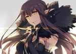  1girl absurdly_long_hair bangs bare_shoulders black_dress black_hair breasts bridal_gauntlets brown_hair cleavage commentary_request detached_sleeves dress eyebrows_visible_through_hair fate/apocrypha fate/grand_order fate_(series) finger_to_mouth frills fur_trim large_breasts long_dress long_hair looking_at_viewer pointy_ears semiramis_(fate) slit_pupils smile solo spikes tia_(cocorosso) very_long_hair yellow_eyes 