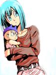  1boy 1girl :o baby belt blue_eyes blue_hair bulma carrying cowboy_shot denim dragon_ball dragonball_z dutch_angle eyebrows_visible_through_hair eyelashes frown hat jeans long_sleeves looking_away maca_(kanekohouse) mother_and_son open_mouth pants red_shirt shirt short_hair simple_background trunks_(dragon_ball) upper_body white_background 