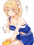  1girl ayase_eli between_legs blonde_hair blue_eyes blue_skirt blue_tank_top blush breasts cheerleader cleavage collar_tug collarbone commentary_request eyebrows_visible_through_hair hair_between_eyes hair_ribbon hand_between_legs heavy_breathing love_live! love_live!_school_idol_project medium_breasts miniskirt mogu_(au1127) navel open_mouth pom_poms ponytail ribbon sidelocks sitting skirt solo strap_slip sweat tank_top translated white_background white_ribbon 