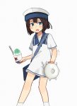  1girl annin_musou blue_eyes brown_hair commentary_request daitou_(kantai_collection) dress enemy_lifebuoy_(kantai_collection) hat highres holding kantai_collection open_mouth ponytail shaved_ice shinkaisei-kan short_hair short_sleeves simple_background socks solo v-shaped_eyebrows white_background white_dress white_hat white_legwear 
