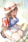  1girl alternate_costume bangs bare_shoulders belt blue_shirt blush bow breast_pocket breasts brown_hair buttons can cleavage coca-cola collarbone collared_shirt day eyebrows_visible_through_hair fence girls_frontline green_eyes hair_between_eyes hair_ribbon hair_rings hat hat_bow highres holding holding_can holding_watering_can kneeling large_breasts long_hair looking_at_viewer m1903_springfield_(girls_frontline) offering open_mouth outdoors picket_fence pocket ribbon sandals shirt shuzi sidelocks skirt sleeveless sleeveless_shirt smile solo sun_hat white_skirt wooden_fence 